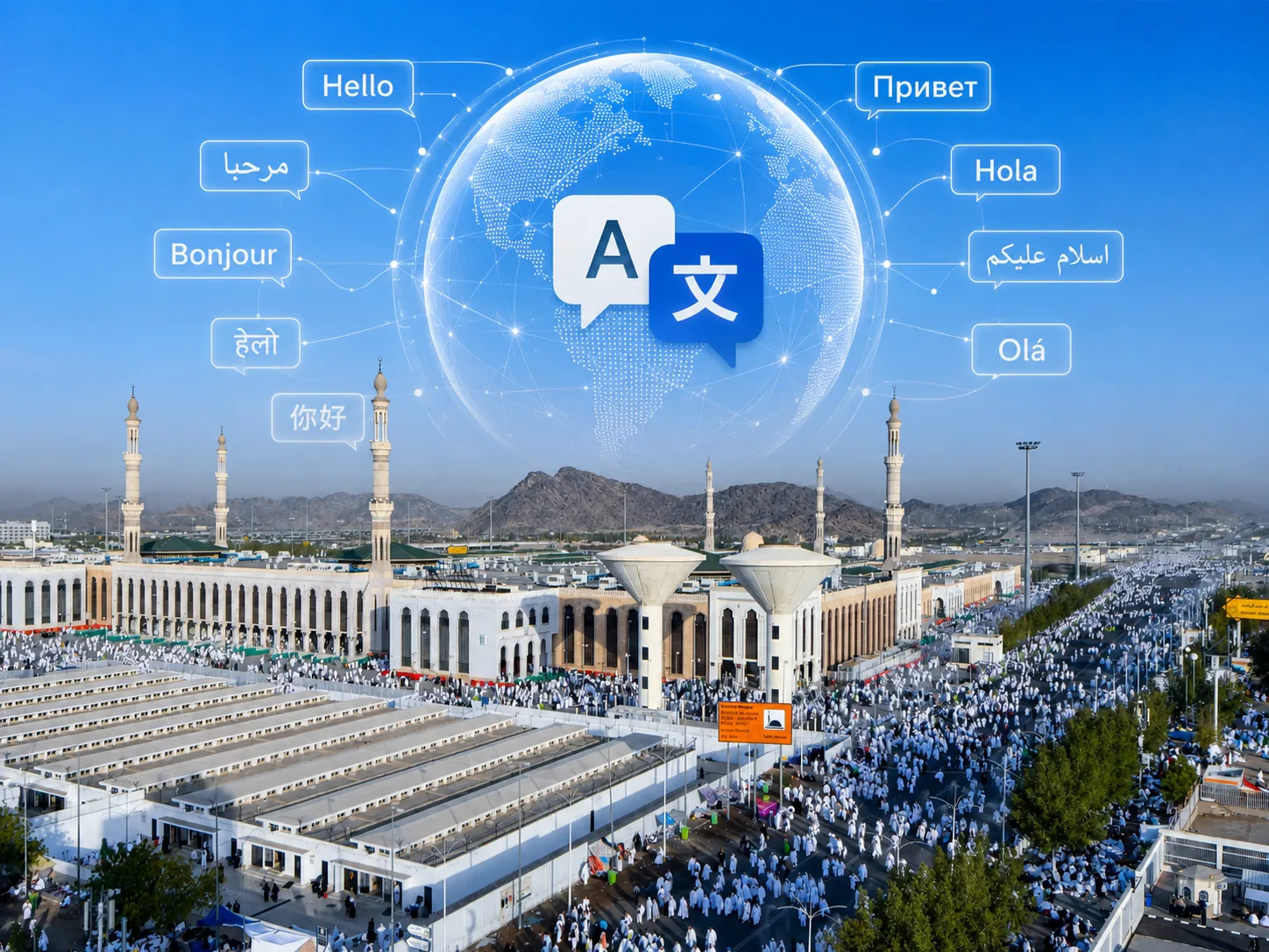Crowded exterior of Mecca's Grand Mosque with a digital globe above showing multilingual greetings.