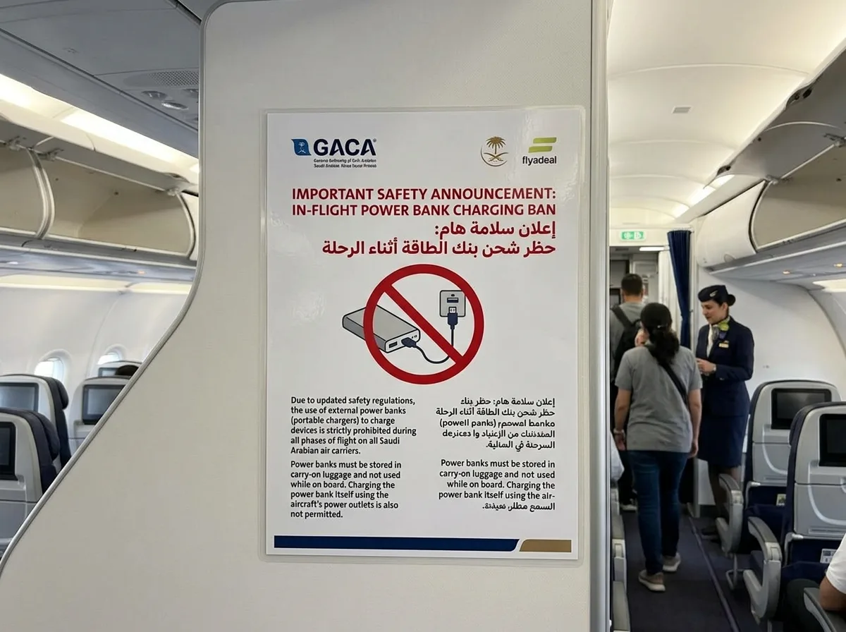 Airplane cabin aisle with a large poster about the in-flight power bank charging ban, featuring logos and text in English and Arabic.