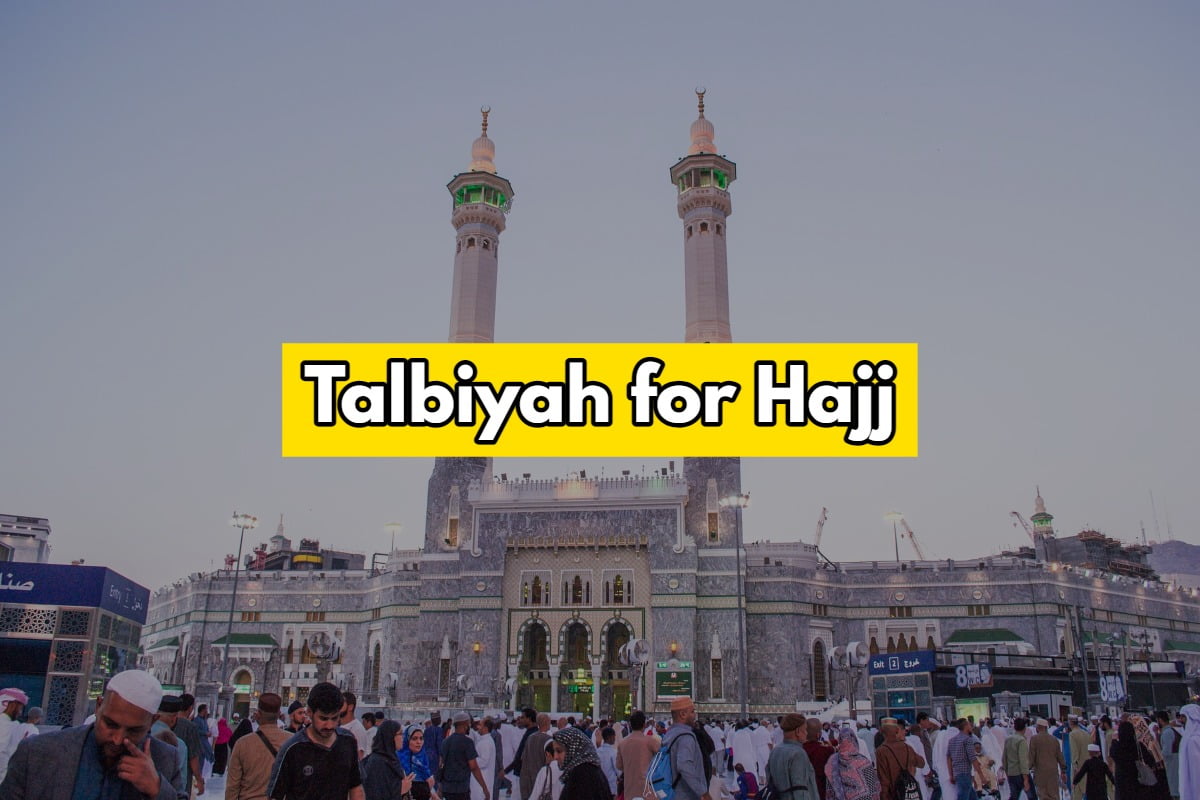 Talbiyah Meaning Audio and Translation For Hajj - Nayi Soch News-e-Hub Mecca's Grand Mosque with a bright yellow banner saying 'Talbiyah for Hajj' over the central entrance, crowds gathered outside.