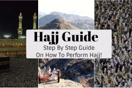 Things To Do Before After and During Hajj With Duas and Prayers - Nayi Soch News-e-Hub Collage for a Hajj guide with the title 'Hajj Guide: Step By Step Guide On How To Perform Hajj!' showing Mecca minarets, a mountain, and a crowd of pilgrims.