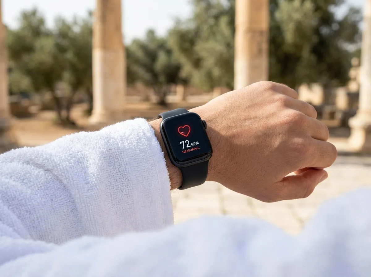 Smartwatch on the wrist displaying a heart icon and 72 BPM heart rate, outdoors near stone columns.