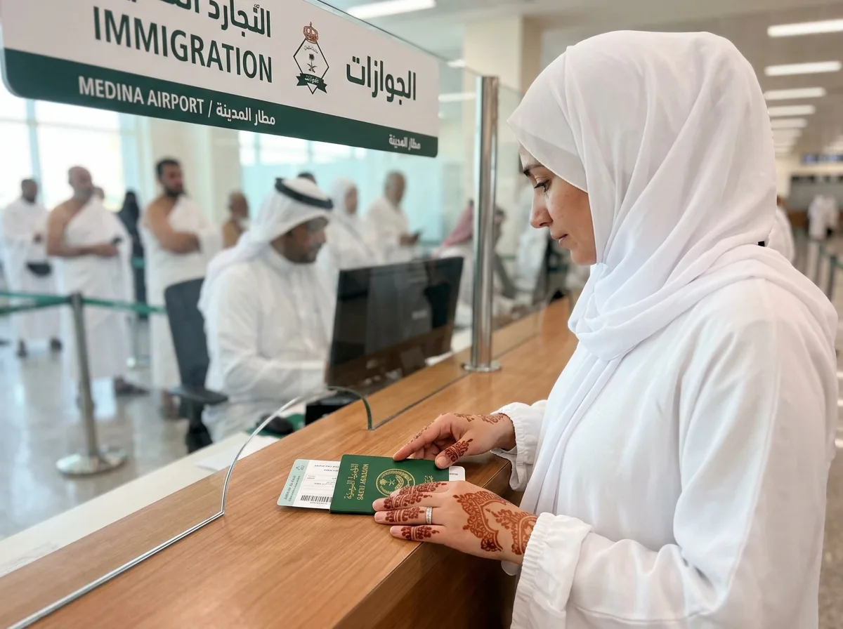 Woman in a white hijab at an immigration counter, holding a green passport and travel documents as she approaches the desk at Medina Airport immigration hall.
