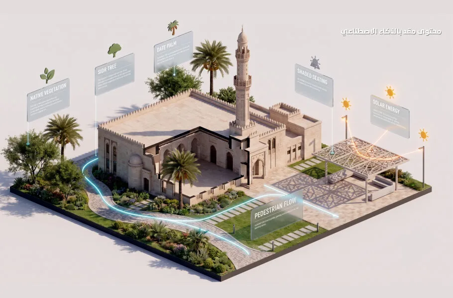 Isometric diagram of a historical building with labelled sustainable features: native vegetation, sidr tree, date palm, shaded seating, solar energy, and pedestrian flow signage.