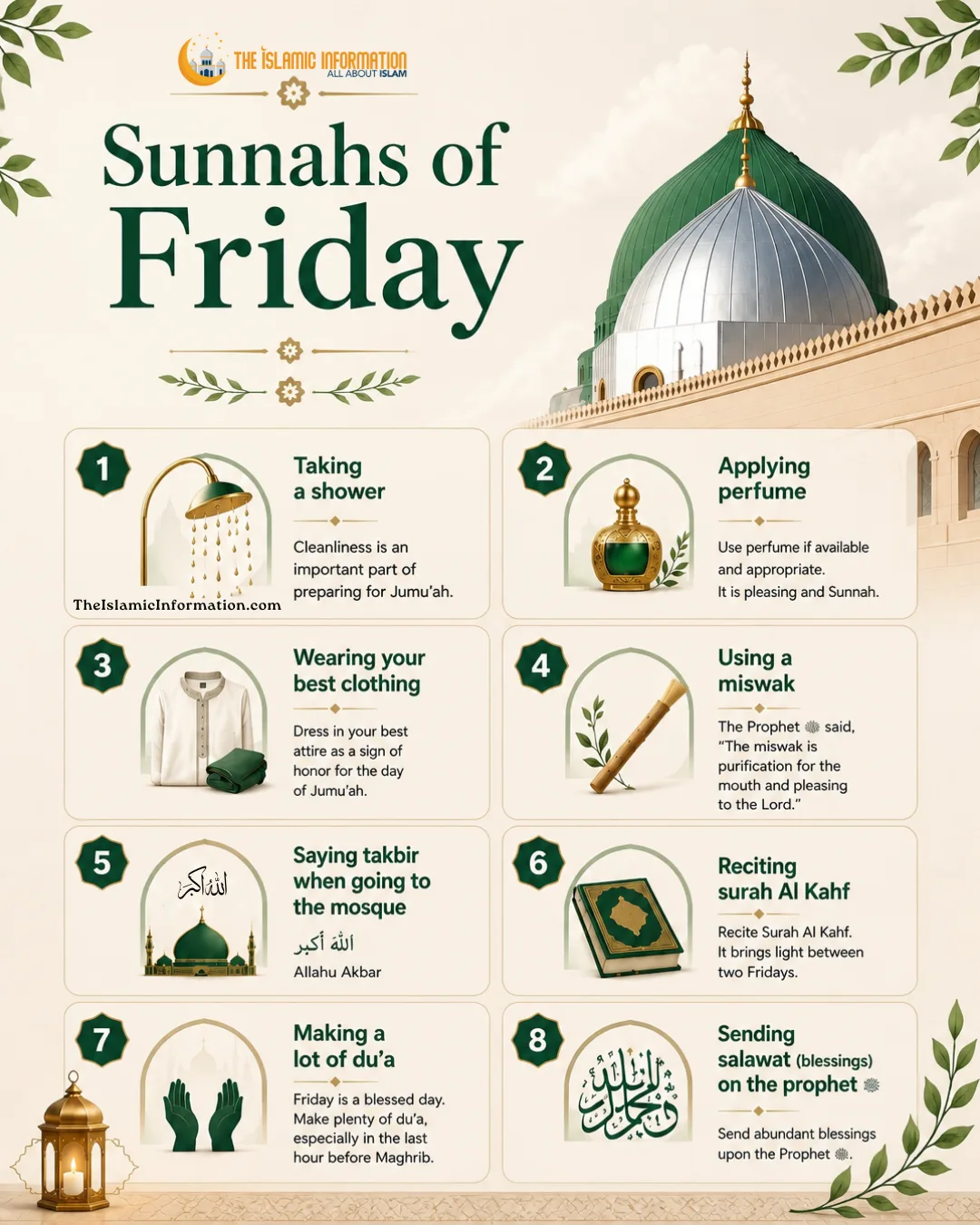 Infographic titled Sunnahs of Friday listing eight recommended practices with numbered icons and brief descriptions.