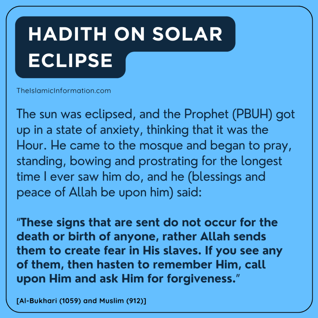 Dua for Solar Eclipse Dua at the Time of Solar Eclipse - Nayi Soch News-e-Hub Blue poster titled 'Hadith on Solar Eclipse' with a dark rounded header; includes a long hadith quote about the solar eclipse and a citation to Al-Bukhari and Muslim.