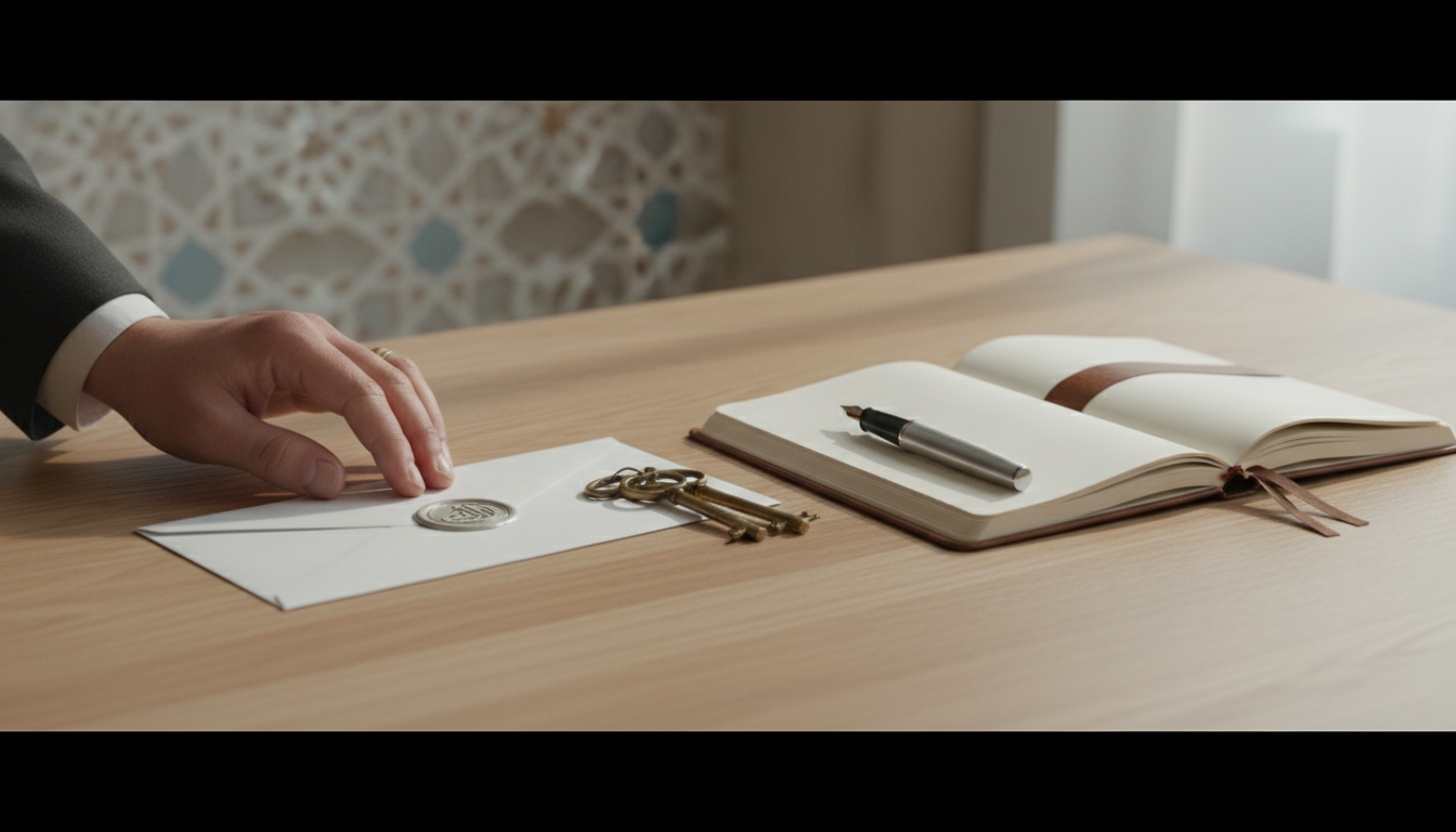 Keys, envelope and notebook representing trust and responsibility