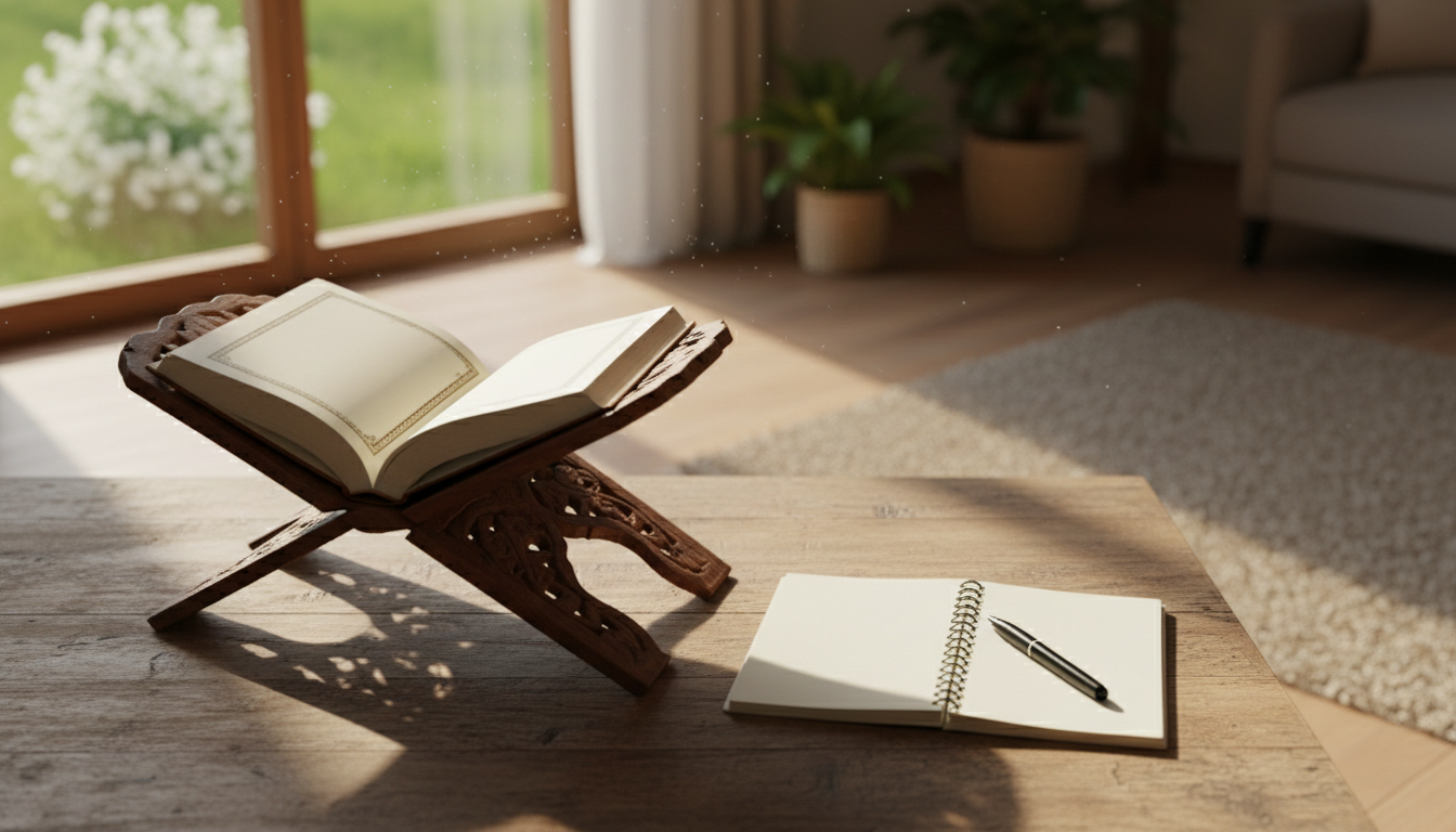 Open Quran on a wooden stand beside a notebook