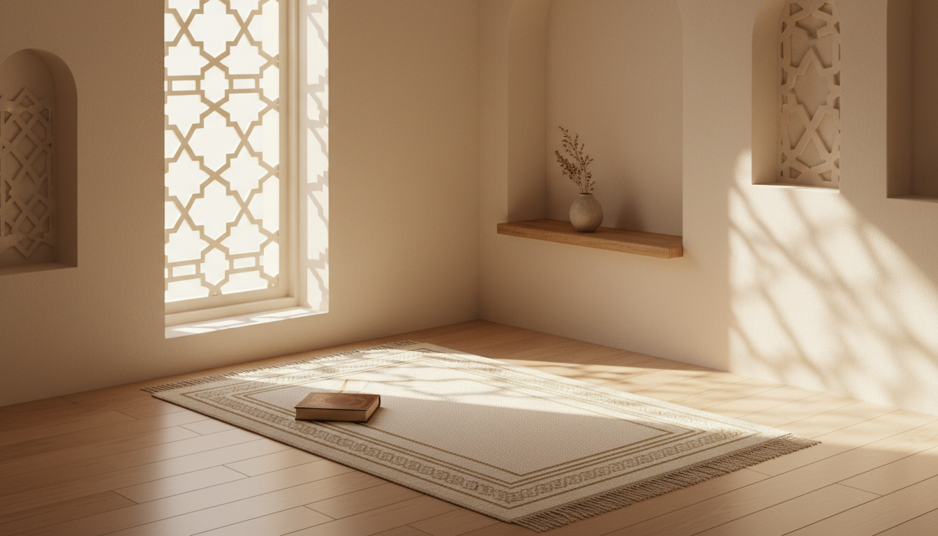 Creating a Daily Dhikr Routine at Home Featured Image - ImranJalna Quiet sunlit prayer corner illustrating a simple daily dhikr routine at home