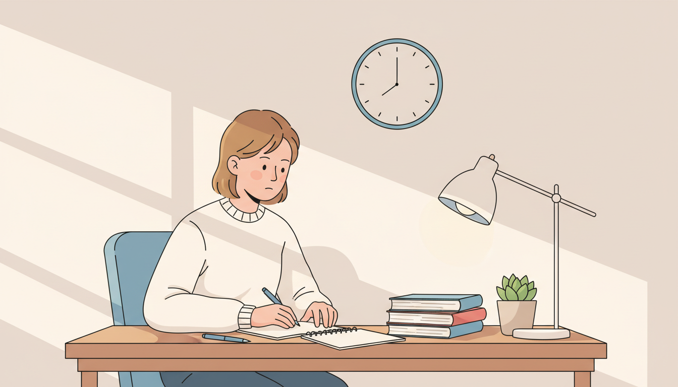 Student studying at a tidy desk with books and a notebook