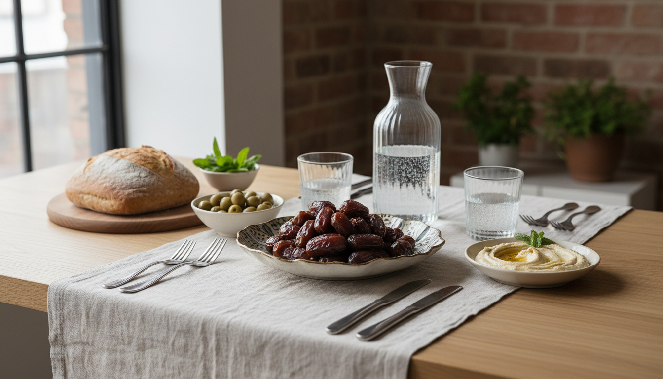 Eating and Drinking Etiquette in Islam - ImranJalna Table set for a meal with bread, olives, dates, hummus, a water carafe and two glasses on a linen runner. A brick wall and plants are in the background.