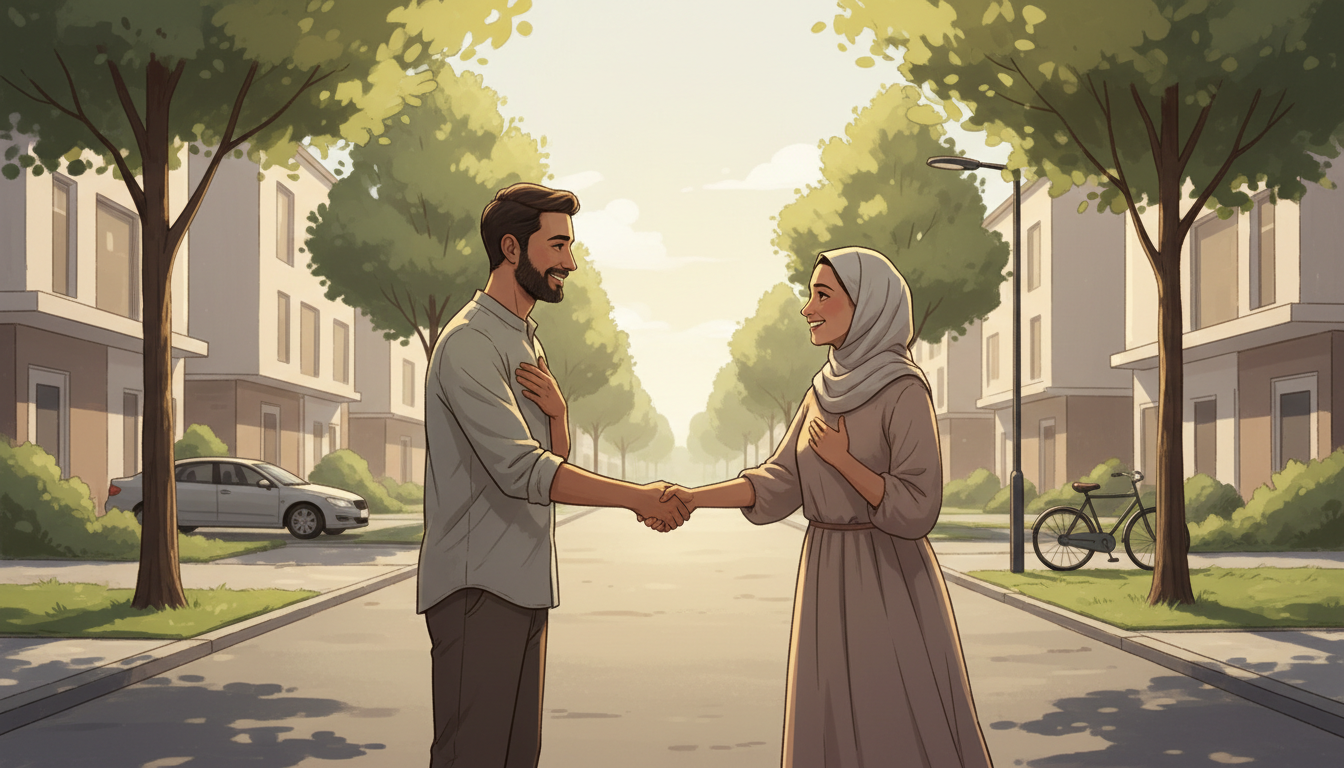 Two neighbours greeting each other on a quiet residential street