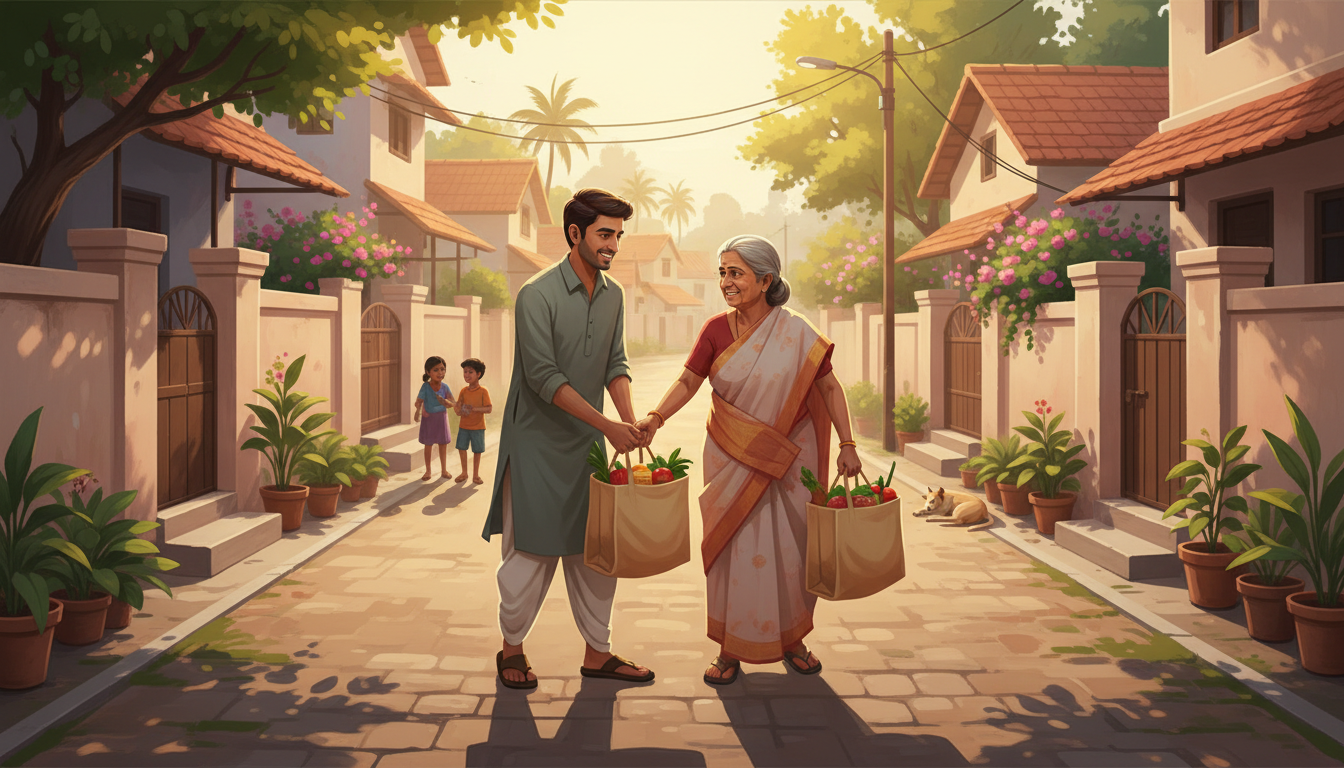 Neighbours helping an elderly resident carry grocery bags