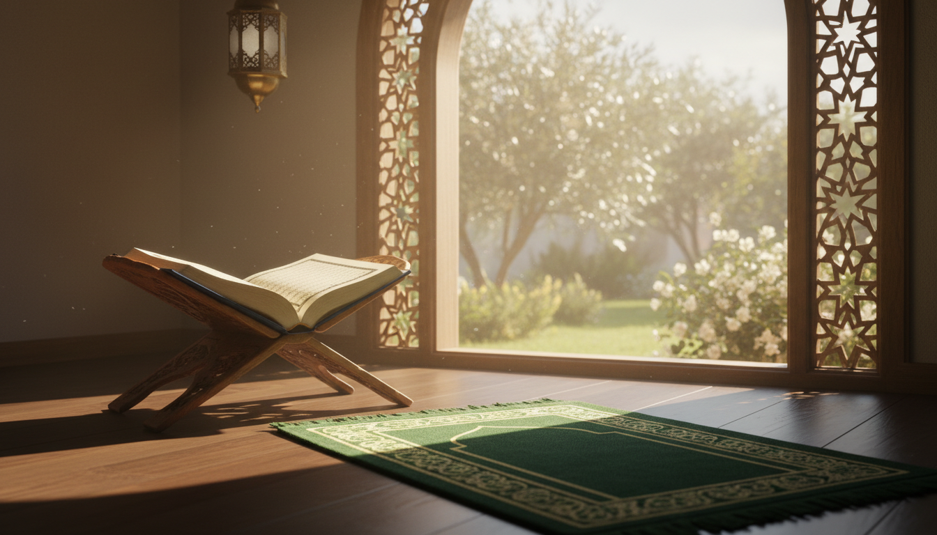 Open Qur’an on a wooden stand beside a prayer mat near a sunlit window