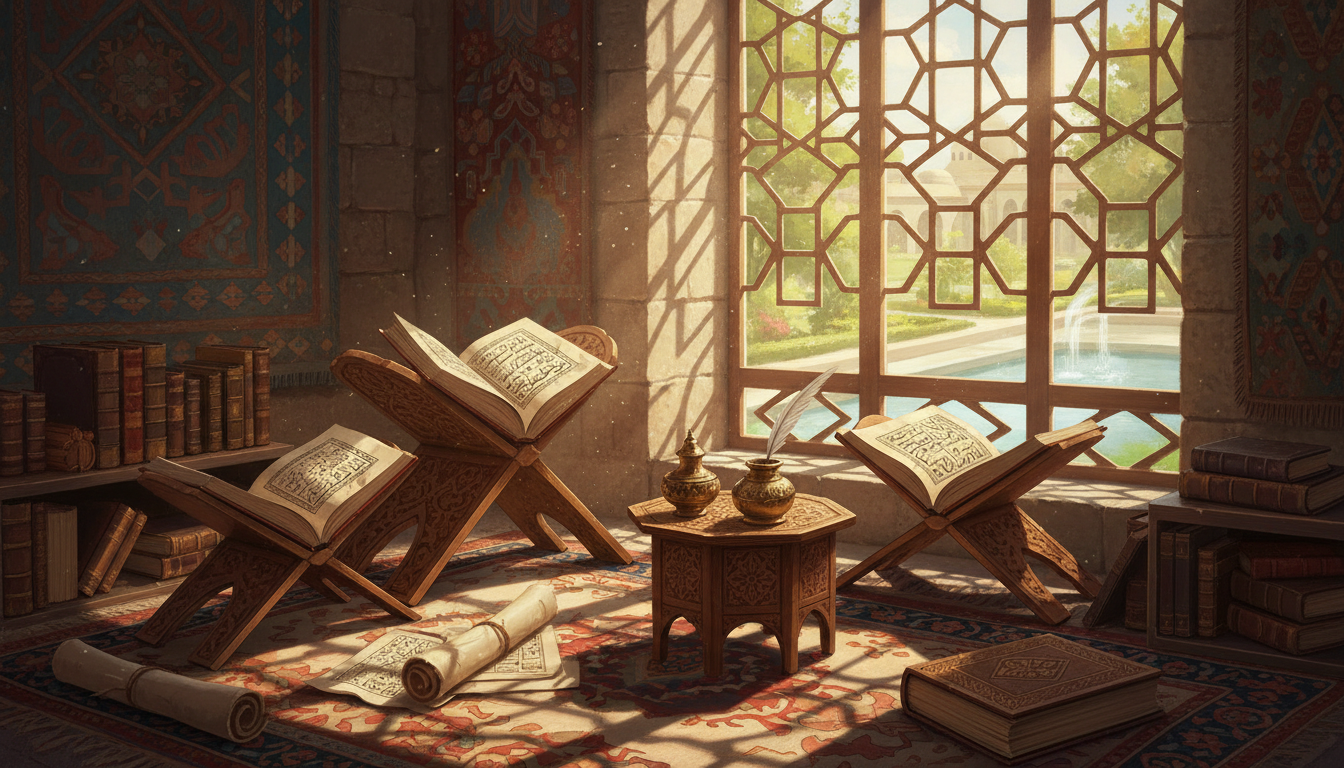 Historic study room with manuscripts, books and a sunlit lattice window