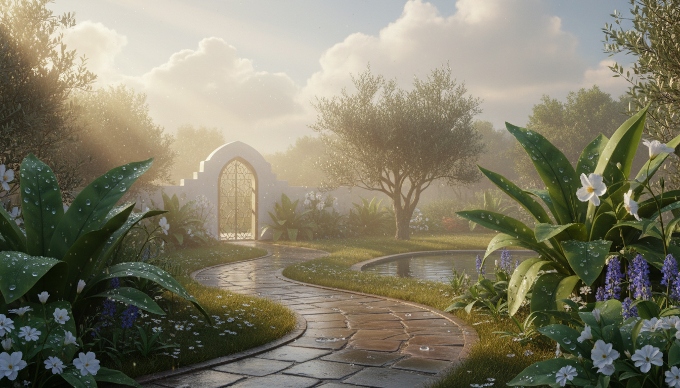 Sunlight breaking through clouds over a peaceful garden after rain