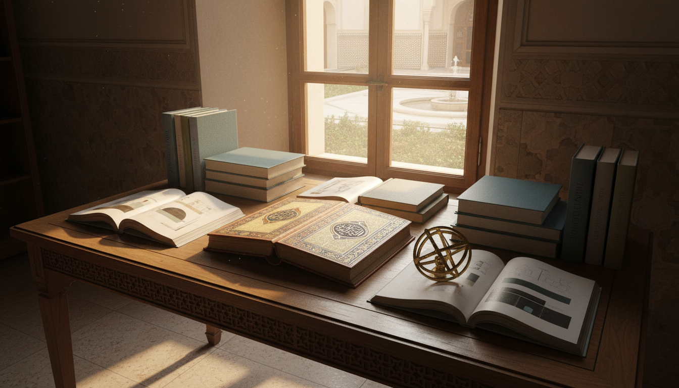 Books and an open manuscript on a wooden desk beside a sunlit window