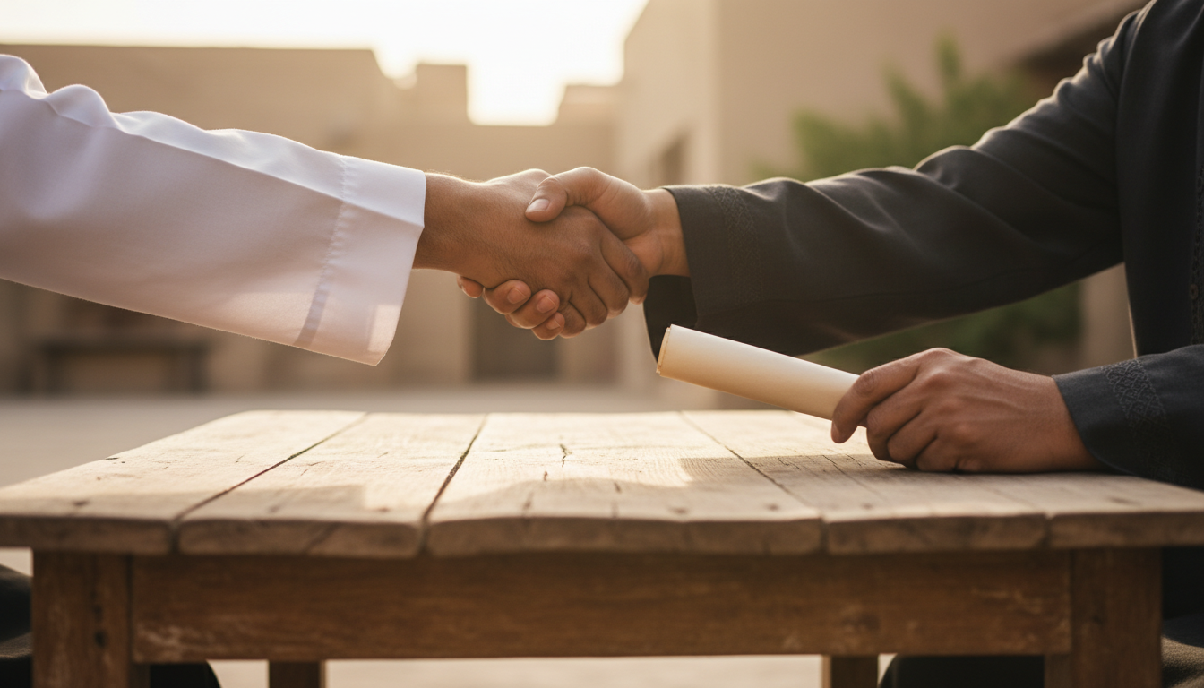 Two people exchanging a document across a wooden table
