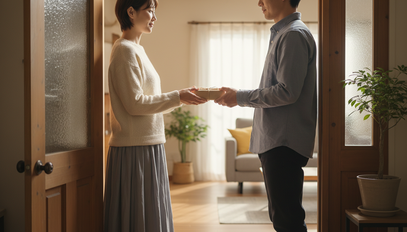 Two people exchanging a modest wrapped gift