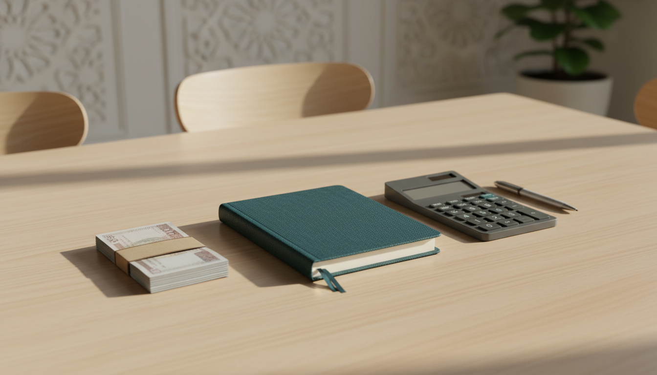 How Muslim Families Can Discuss Money Featured Image - ImranJalna Household budget notebook and calculator arranged for a calm family financial discussion