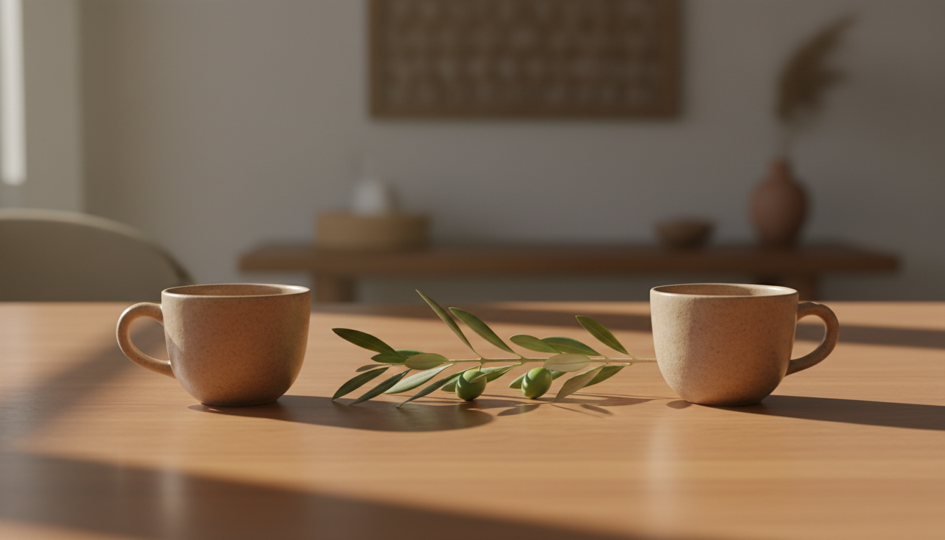 How to Apologize and Rebuild Trust in Islam Featured Image - ImranJalna Two cups and an olive branch symbolizing sincere apology and reconciliation
