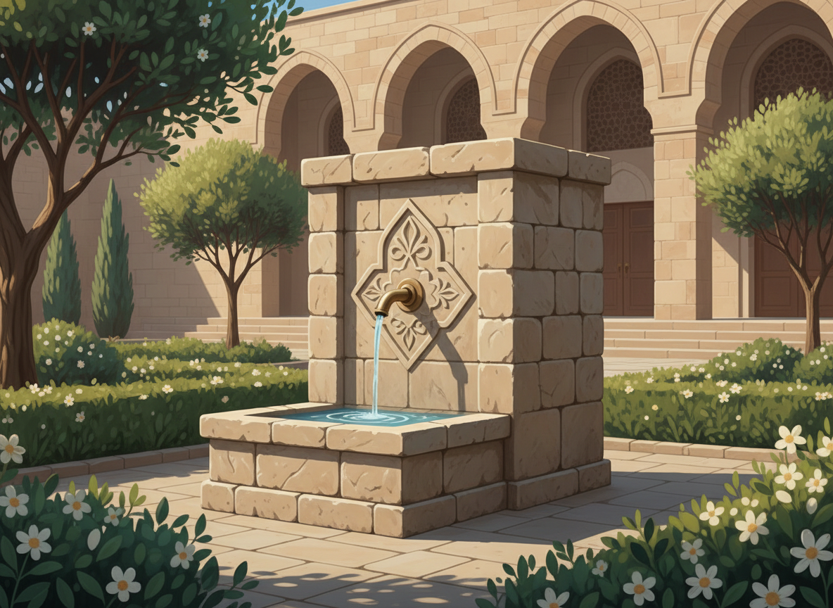 Water flowing from a traditional fountain beside a mosque garden, illustrating water conservation in Islam