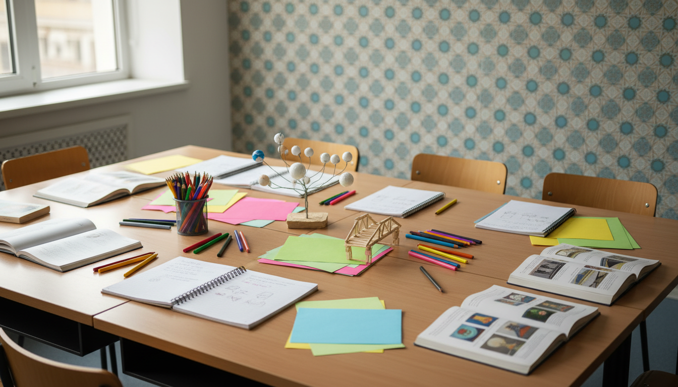 School group project materials arranged on a classroom table with notebooks, charts and pencils