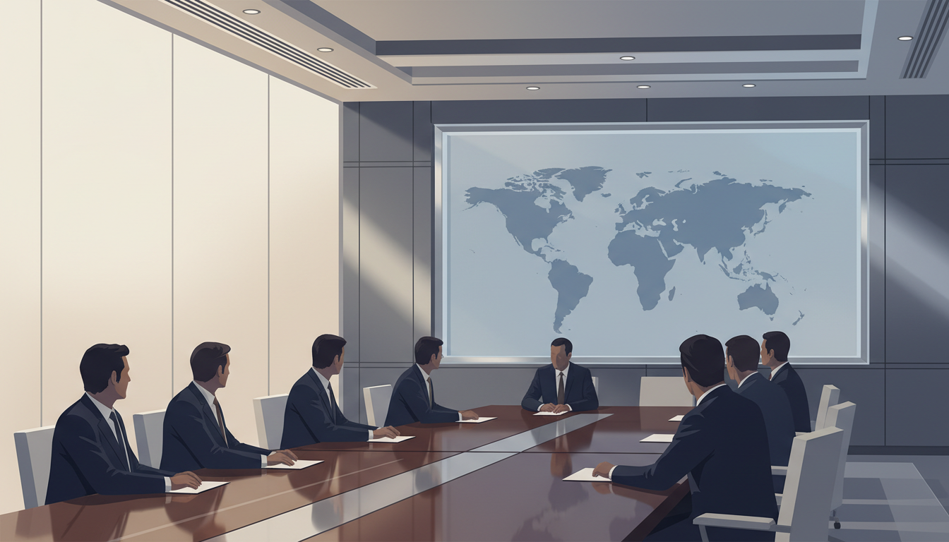 Conceptual illustration of a diplomatic security meeting with delegates around a conference table