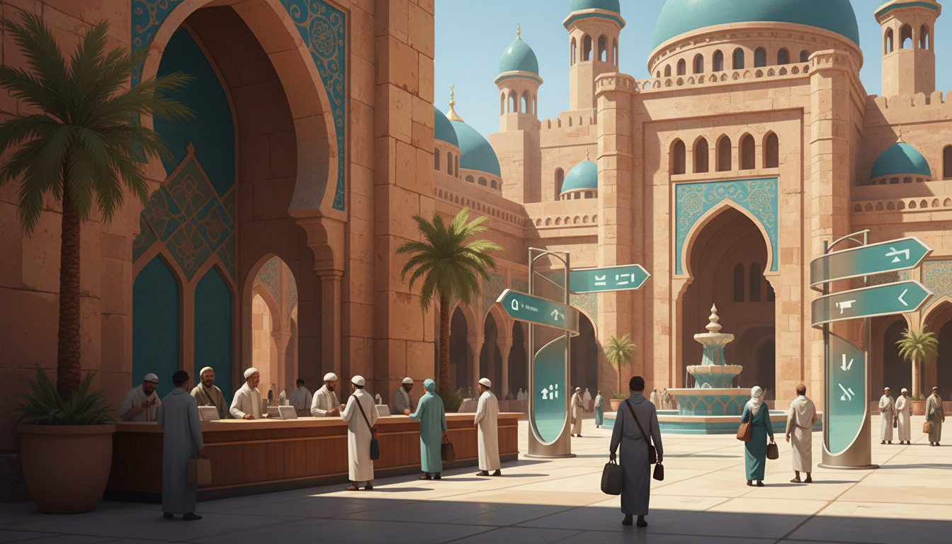 Illustration of pilgrim assistance and information services near a mosque