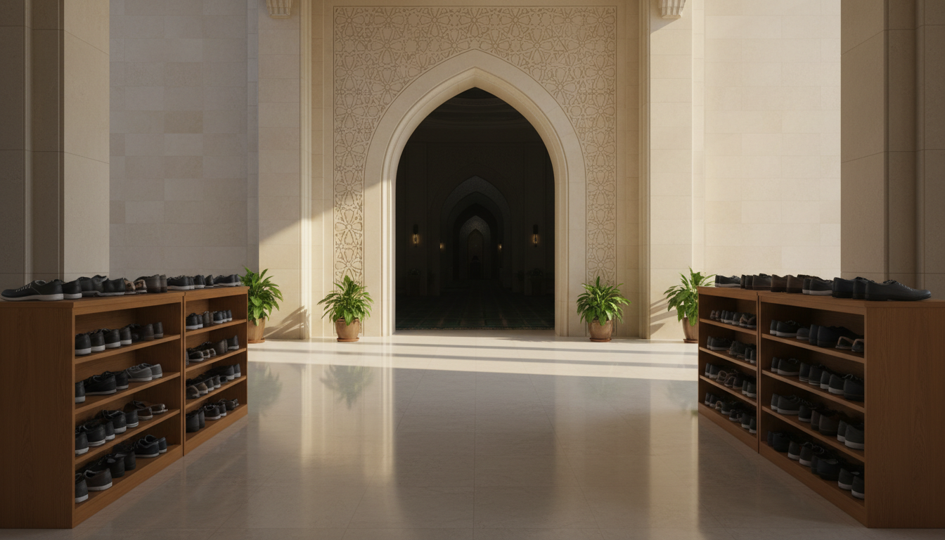 Masjid shoe rack organization Urdu featured image - ImranJalna مسجد کے داخلی دروازے پر منظم جوتوں کے ریک اور صاف راستہ