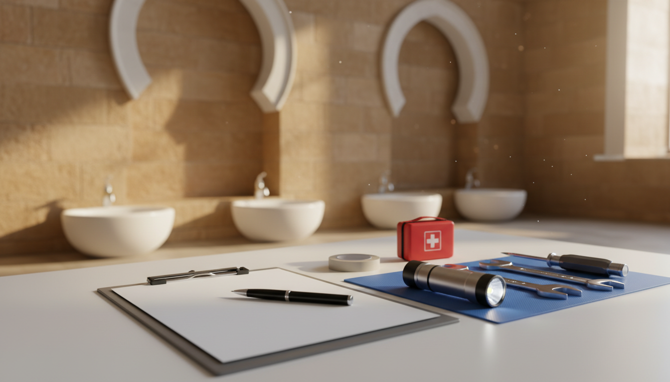 Mosque maintenance checklist and inspection tools near a clean ablution area