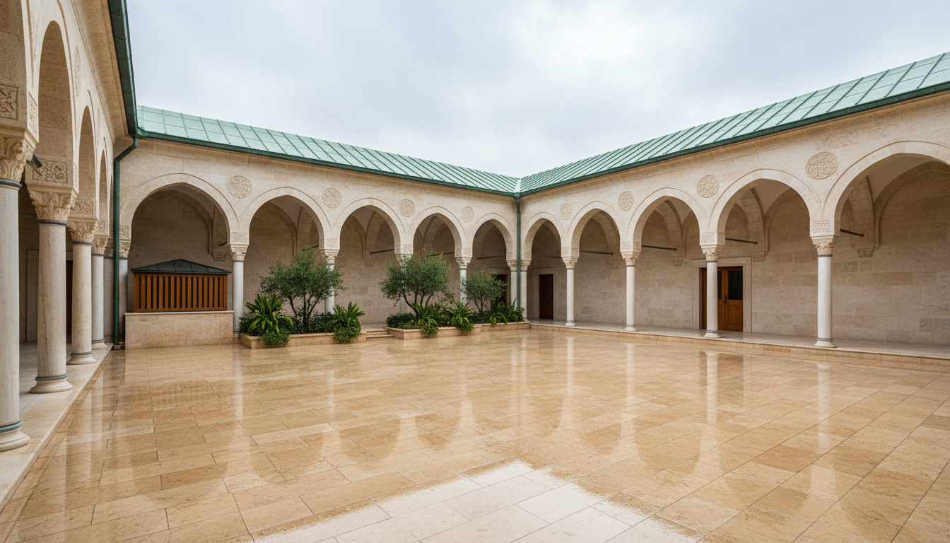 Mosque courtyard with roof gutter and covered rainwater harvesting storage system