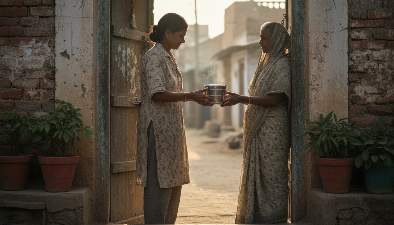 Two women in traditional clothing exchange a metal container in a sunlit doorway between brick walls and potted plants outside a rustic building.