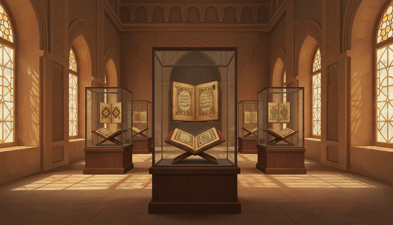 Historic Islamic manuscripts displayed inside a museum-style exhibition