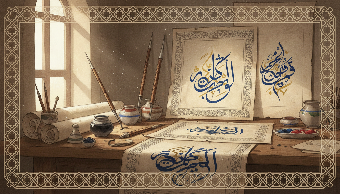 Traditional Islamic calligraphy tools, manuscript paper and decorative geometric patterns
