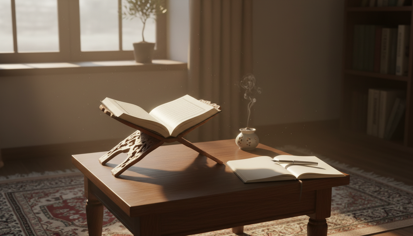 Open Quran beside a notebook and pen in a peaceful study setting