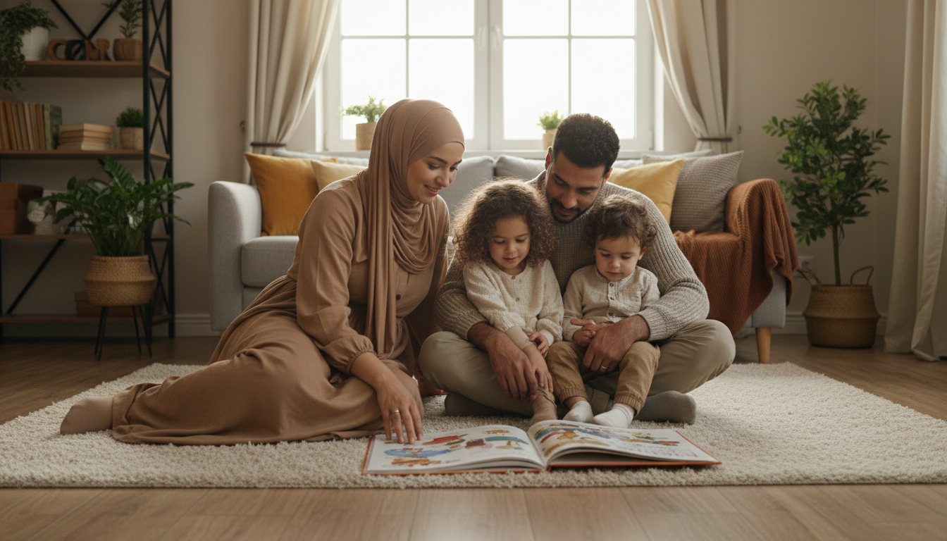 Parents reading with children in a calm home setting