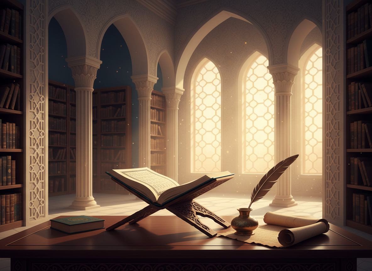 Open book on a wooden desk supported by a decorative stand in a sunlit, ornate library with arches and tall shelves.