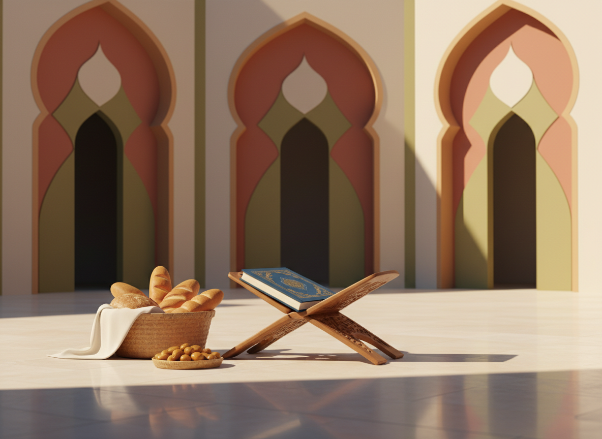 Surah Al Maun — Compassion and Worship Illustration - ImranJalna सूरह अल-माऊन और जरूरतमंदों की सहायता के संदेश को दर्शाता मस्जिद, किताब और भोजन का प्रतीकात्मक चित्र