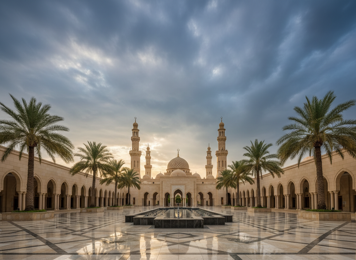 UAE Rain Prayer — Editorial Illustration - ImranJalna A grand mosque courtyard with domed center building, minarets, and palm trees lining stone arches at sunset, reflecting on a patterned marble courtyard.