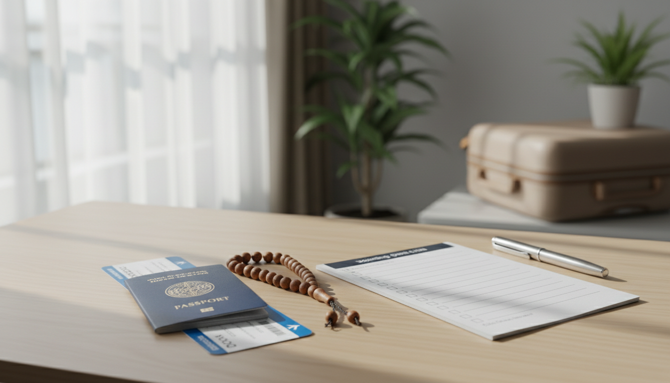Umrah guide illustration 1 - ImranJalna उमरा यात्रा मार्गदर्शिका: passport boarding pass travel checklist on desk
