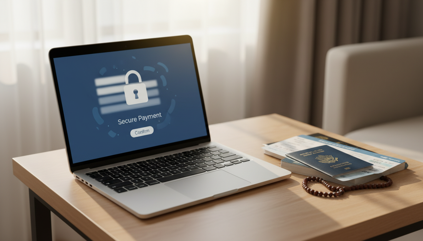 उमरा यात्रा मार्गदर्शिका: secure online payment on laptop and travel paperwork