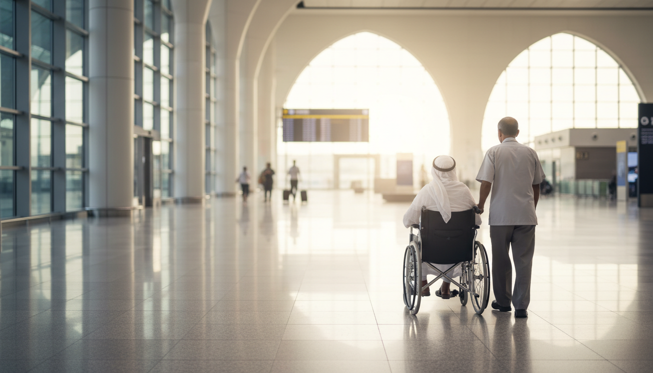 Umrah guide illustration 3 - ImranJalna उमरा यात्रा मार्गदर्शिका: elderly pilgrim with wheelchair assistance in modern airport seen from behind