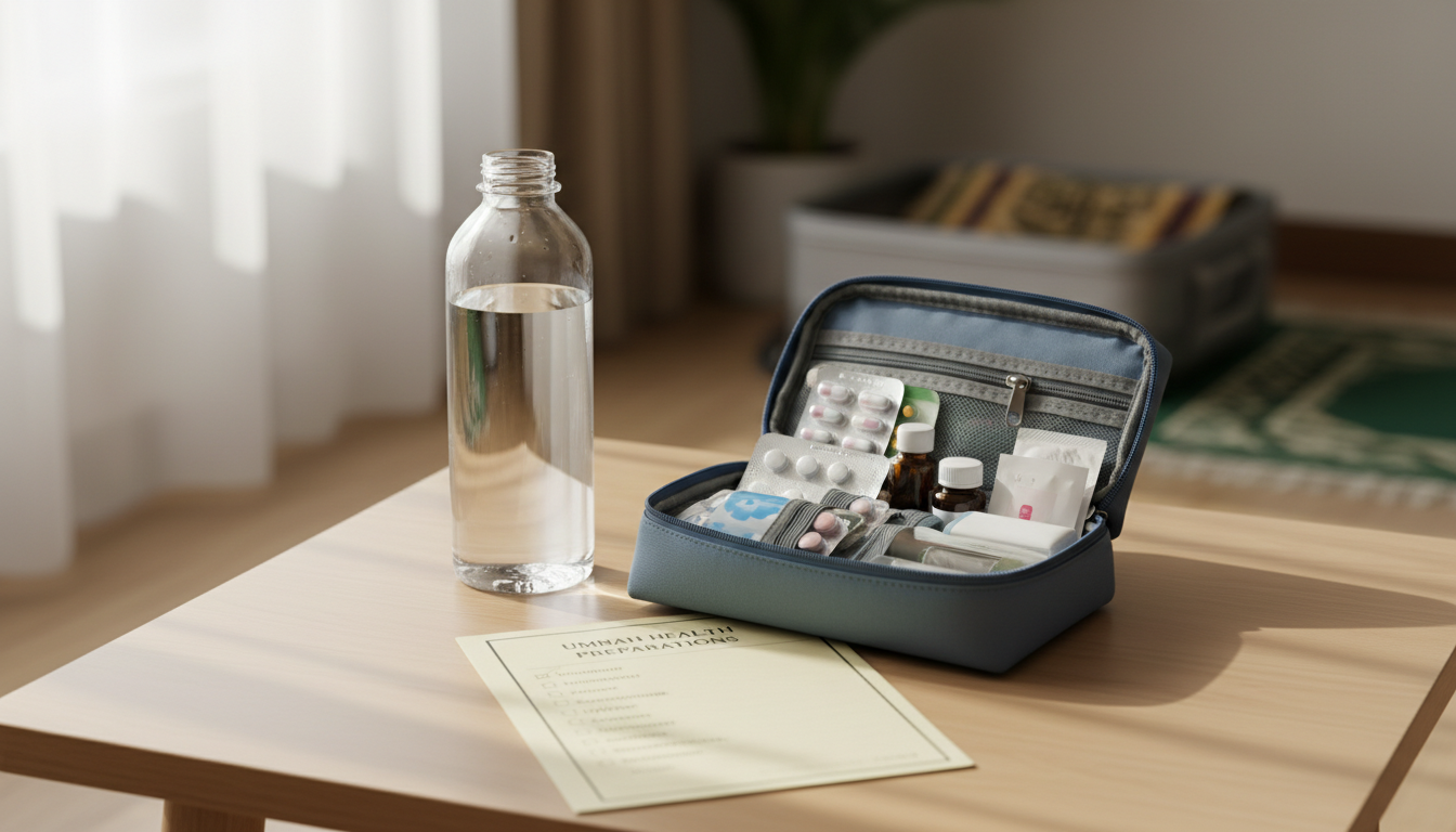 Umrah guide illustration 4 - ImranJalna Open blue pill case on a wooden table with assorted blister packs and bottles, a water bottle nearby, and a health form beneath in a well-lit room.