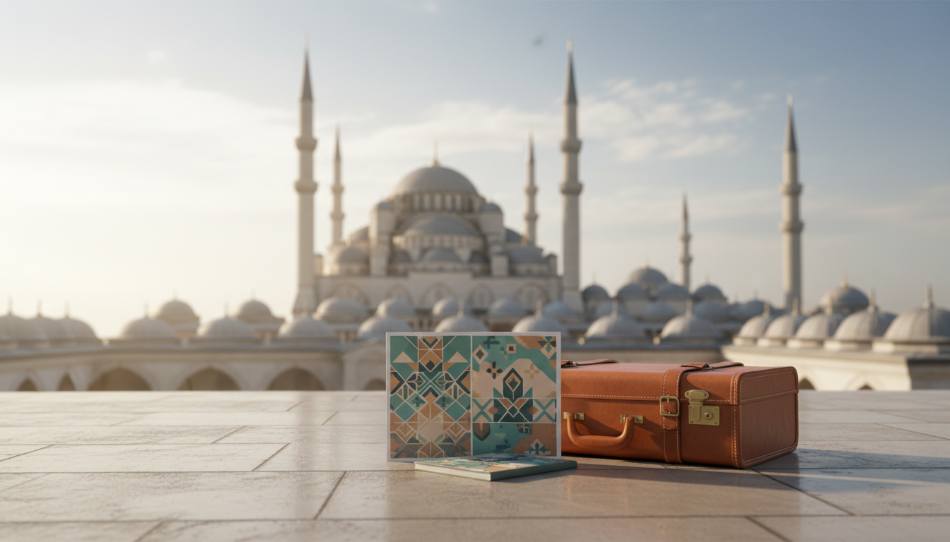 उमरा यात्रा मार्गदर्शिका: travel guide booklet and suitcase with mosque skyline in background