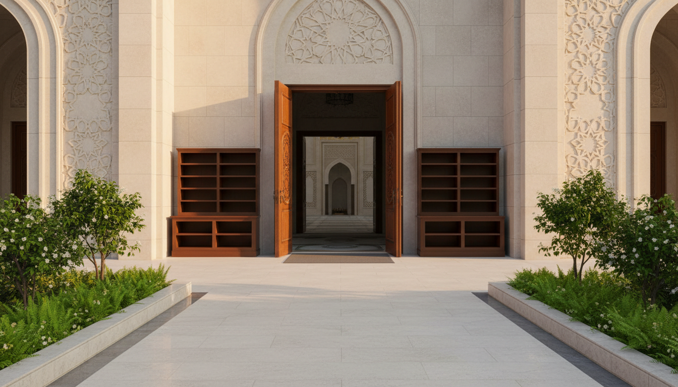 Welcoming mosque entrance with accessible pathway, open doors and tidy shoe shelves