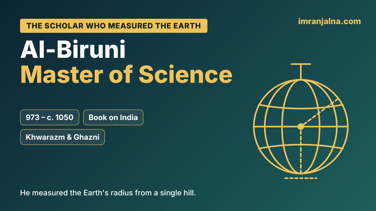Banner for Al-Biruni, the scholar who measured the Earth, with a gold globe icon showing a radius line on a dark teal background
