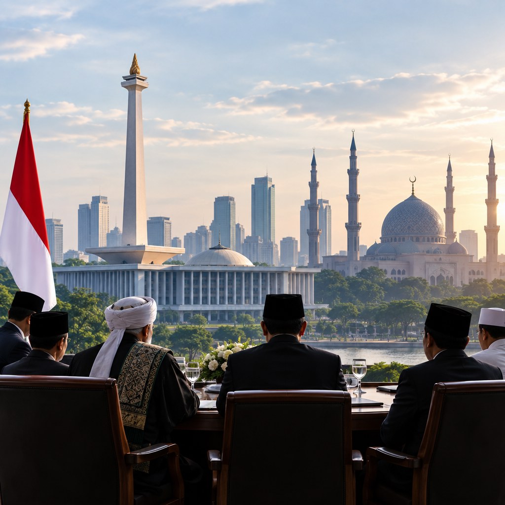 Group of officials in traditional and formal dress seated at a table on a terrace, overlooking a city skyline with a domed mosque and minarets at sunset.