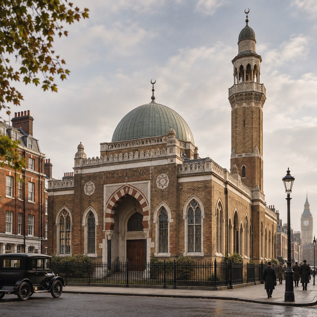 london-s-fazl-mosque-marks-100-years-highlighting-a-century-of-muslim-community - ImranJalna Brick mosque with a green dome and tall minaret along a city street; Big Ben visible in the distance.