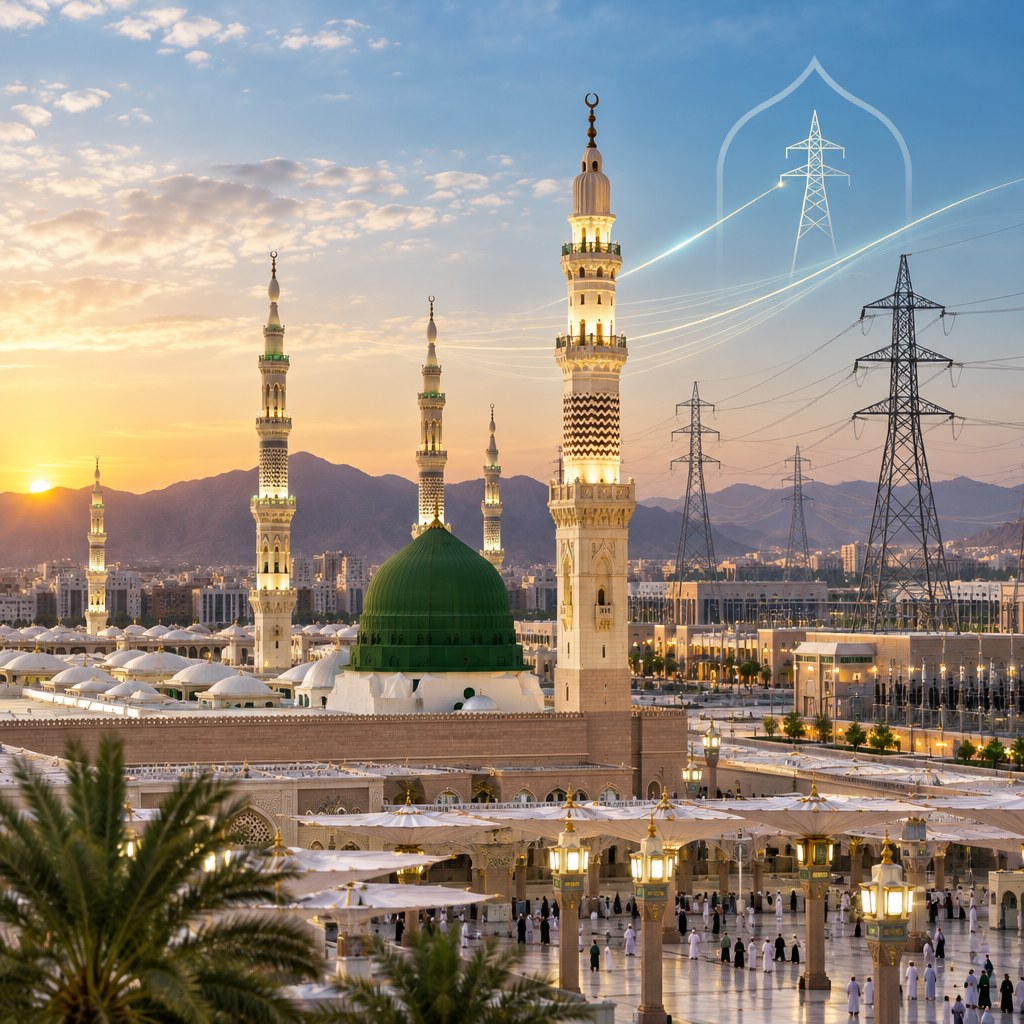 Sunset view of the Grand Mosque in Mecca with the Green Dome, tall minarets, and worshippers in the courtyard.