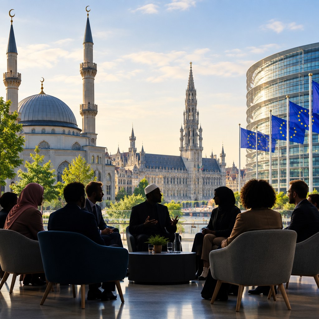 muslim-world-league-meets-belgian-muslim-leaders-focuses-on-local-guidance-and-s - ImranJalna Diverse group of professionals seated in a modern lounge, discussing around a low table with a cityscape and EU flags behind them.